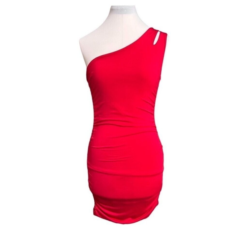Treebarn Red One-Shoulder Ruched Bodycon Mini Dress XS‎ Stretch Knit Sexy Party